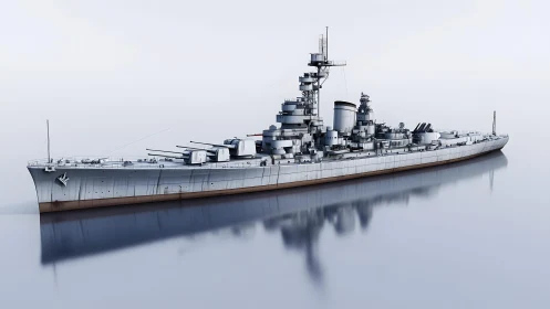 Detailed battleship on calm water, realistic digital illustration.