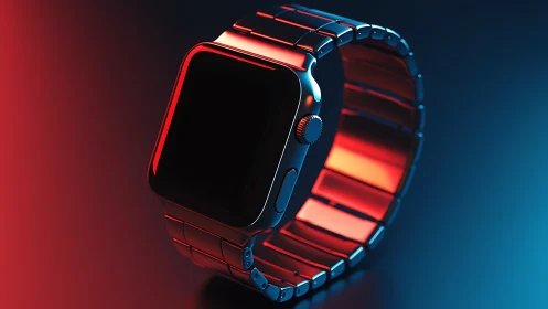 Smartwatch with metal band in bold red and blue light.