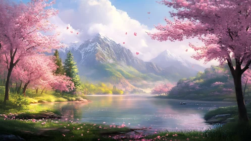 Serene cherry blossom valley encircles a tranquil mountain lake