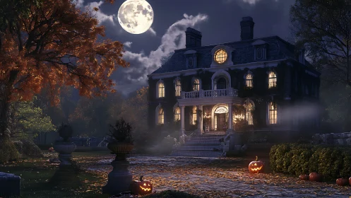 3D autumnal manor façade under moonlit Halloween atmosphere.