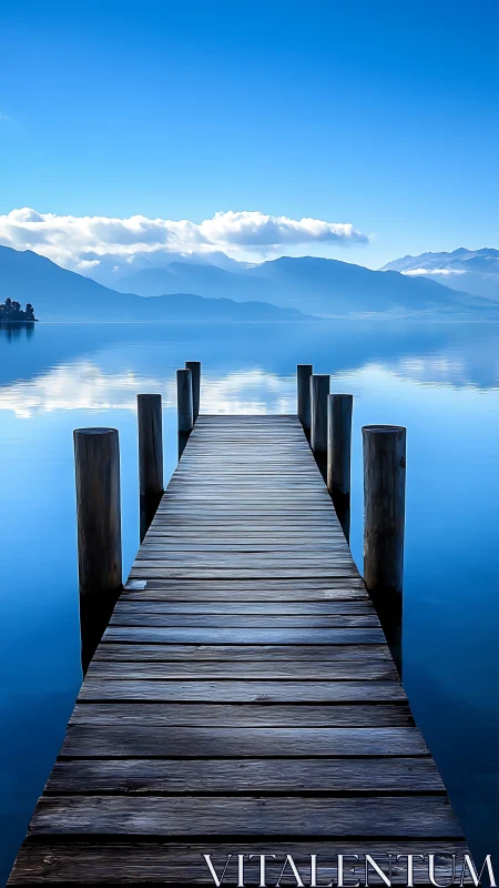 Wooden lakeside pier stretches into tranquil blue horizon.