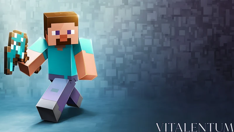 Blocky humanoid figure runs with pixelated tool in hand