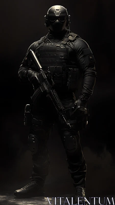 Heavily equipped tactical soldier stands in controlled lighting