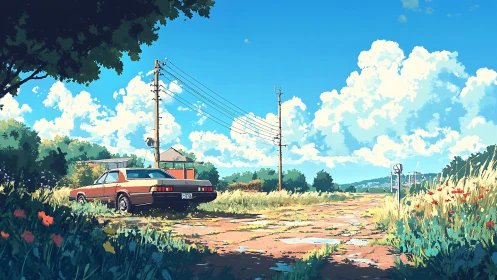 Summer road waits quietly beneath bright cotton clouds