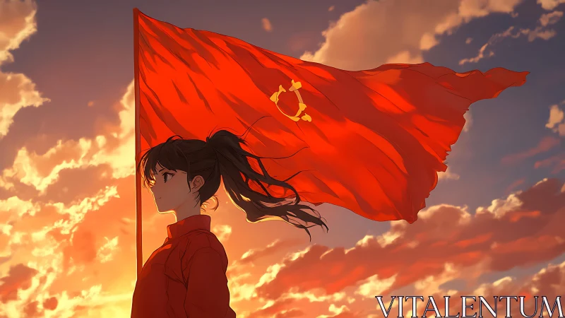 Sunrise standard-bearer beneath a blazing red banner.