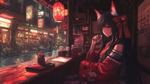 Fox-eared woman in neon-lit ramen bar rendered as digital nocturne