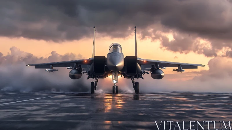 Twin‑engine jet fighter on wet runway under stormy sunset