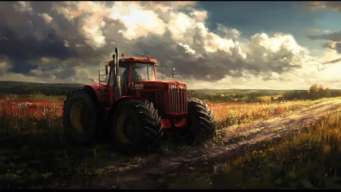 Red tractor stands on rural dirt track under storm clouds
