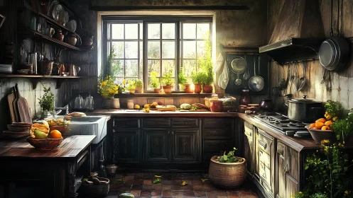 Sunlit rustic kitchen glows with herbs, produce, and warmth