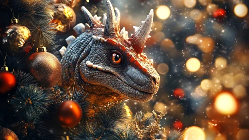 3D dragon portrait nested in luminous Christmas bokeh field.