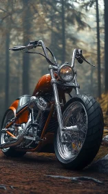 Custom orange chopper motorcycle captures forest stillness.
