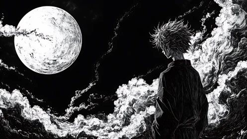Silhouetted figure studies large full moon above swirling clouds