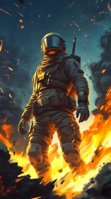 Lone space explorer walking through a storm of fire and stars.