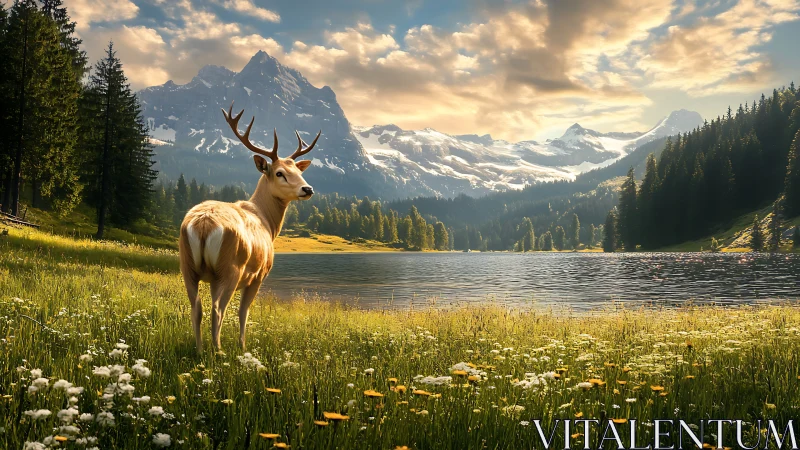 Male deer in alpine lakeside meadow under warm sunset light