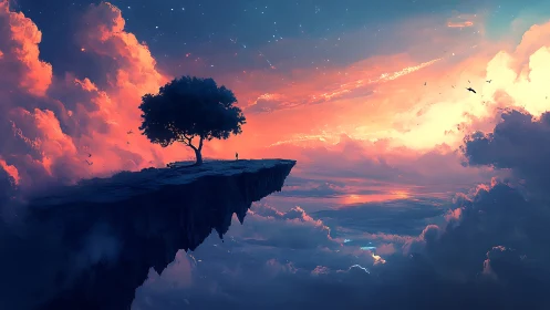 Sunset daydream on a floating cliff beneath soft stars.