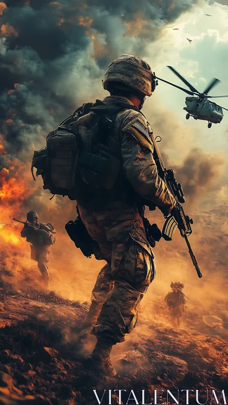 Heavily armed infantry squad advances through smoky battlefield