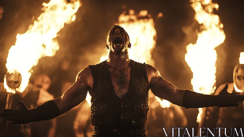 Armored performer shouting amid intense stage flames.