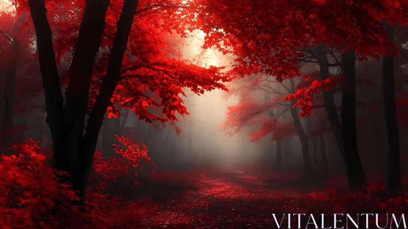 Crimson Enchantment: Breathtaking Autumn Forest in Mystical Red.
