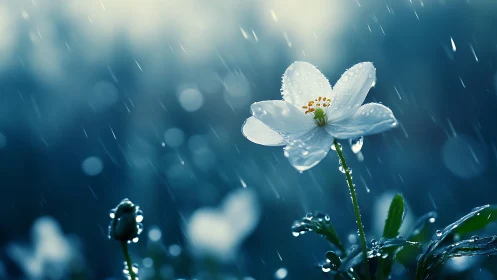 Delicate White Bloom Dances in the Gentle Rain