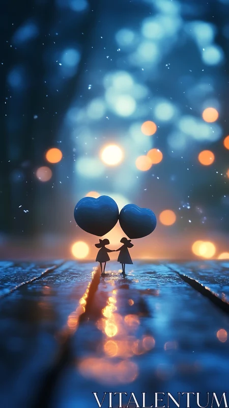 Two Silhouettes Holding Heart Balloons Against Bokeh Lights.