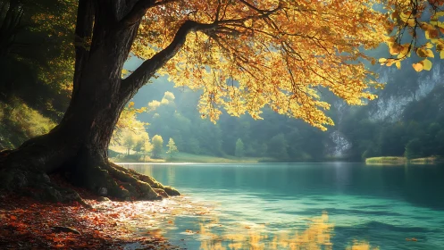 Sunlit autumn canopy over turquoise lake with layered depth haze