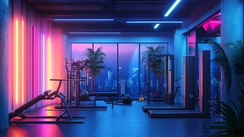 Neon lit modern gym interior facing a vibrant city skyline.