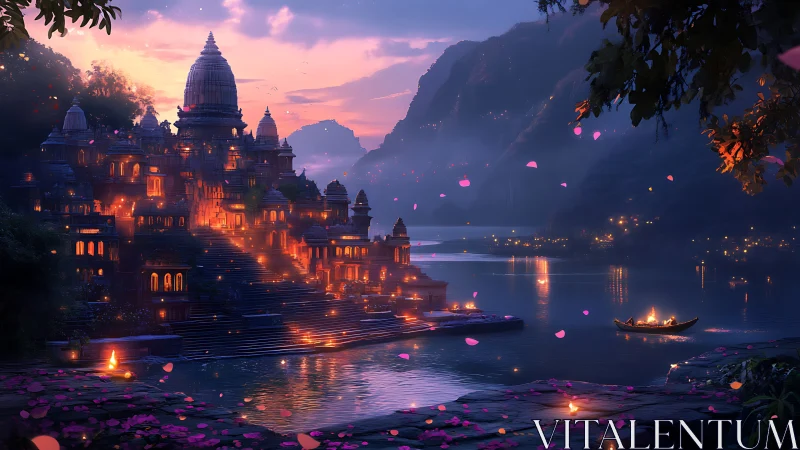 Twilight temple glow beside a quiet, lantern-lit river.