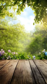 Wooden Deck Perspective with Luminous Foliage Canopy and Flowering Garden Border.