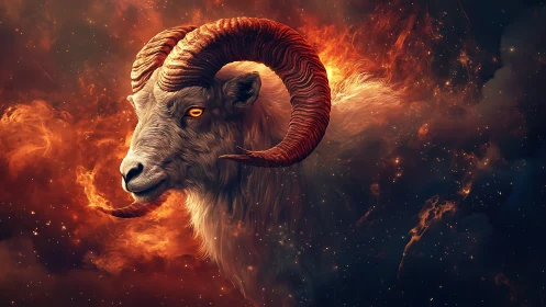 Fiery cosmic ram portrait with glowing eye and volumetric nebula