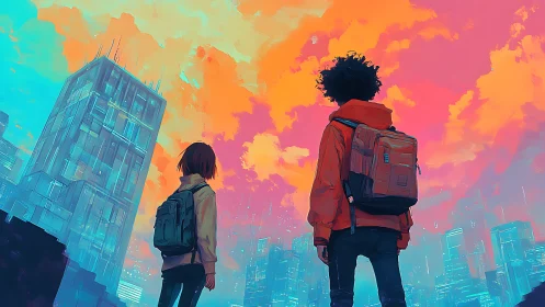 Two backpacked figures facing neon cityscape at dusk.