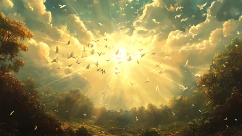 Sunlit flock of birds ascends through radiant forest sky