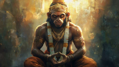 Majestic monkey deity meditates in radiant golden light.
