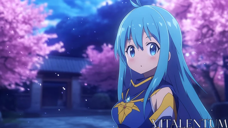 Blue-haired shrine guardian among drifting sakura dusk.