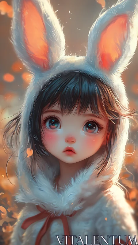 Dreamy child portrait in soft-focus bunny hood costume.