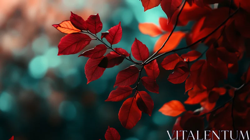 Vibrant Red Autumn Leaves Against Dreamy Teal Bokeh Background.
