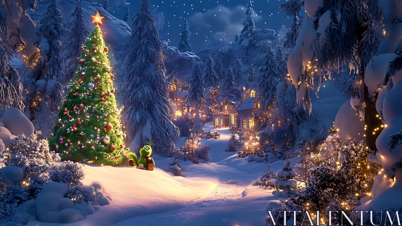 Snowy village Christmas tree under starlit winter sky.