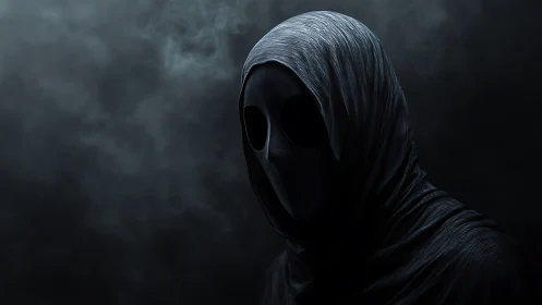 Dark hooded figure with blank mask in smoky shadows.