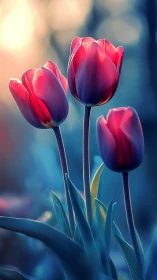 Backlit Tulip Trio: Magenta-Gradient Petals Against Cool Blue Bokeh