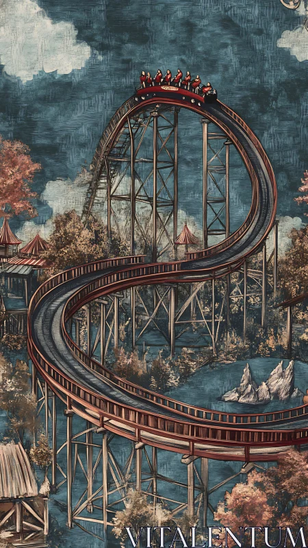 Whimsical roller coaster curling through a dreamy sky park.