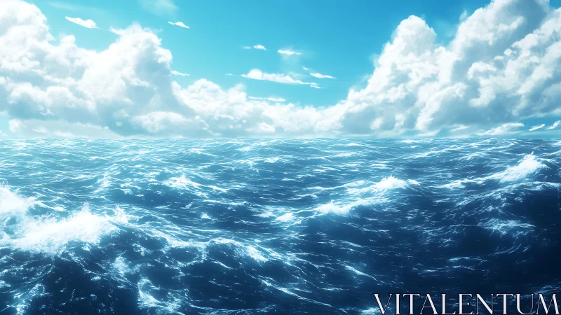 Specular mid‑ocean wavefield under cumuliform sky illumination.