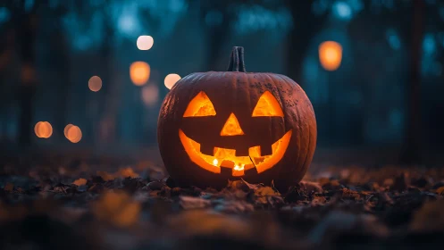 Glowing jack-o’-lantern smiles warmly in a misty autumn park