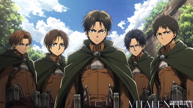 Five determined anime soldiers in green cloaks stand united.