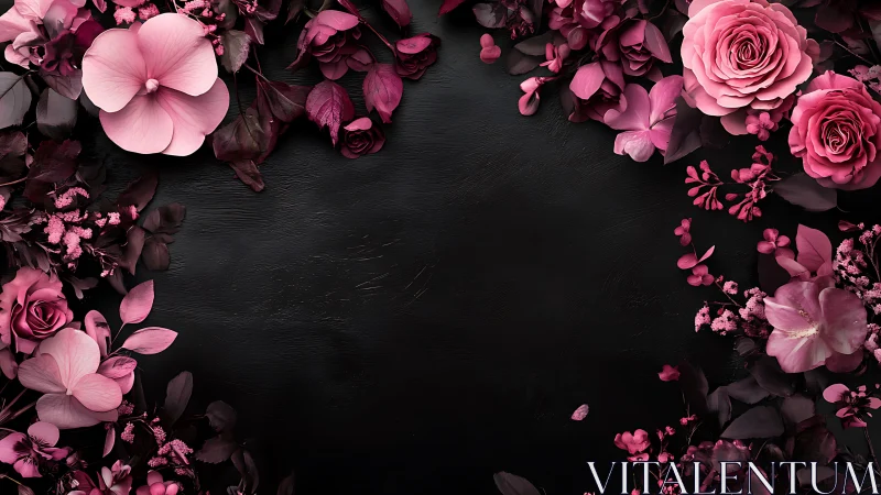 Pink Floral Composition on Dark Textured Surface