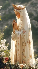 Praying crowned statue in embroidered ivory veil outdoors.