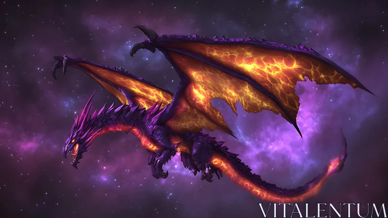 Celestial lava dragon soars through a glowing purple nebula