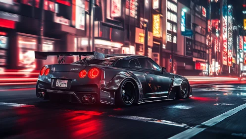 Modified sports car accelerates through neon city street