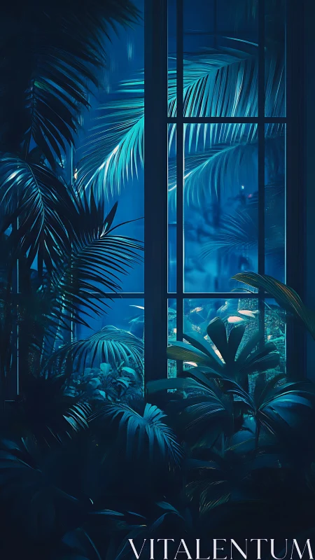 Moonlit greenhouse window wrapped in lush teal leaves.