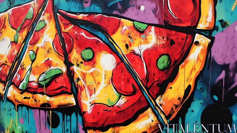 Neon urban mural of dripping pepperoni pizza slices in closeup