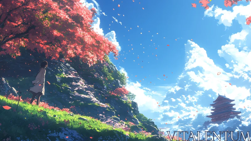 Anime landscape with cherry hillside and distant pagoda under sky.