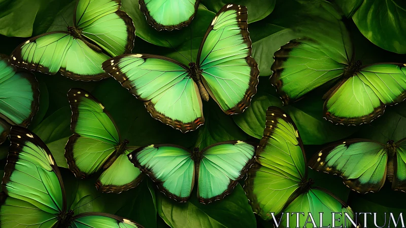 Emerald morpho butterflies clustered on deep green foliage